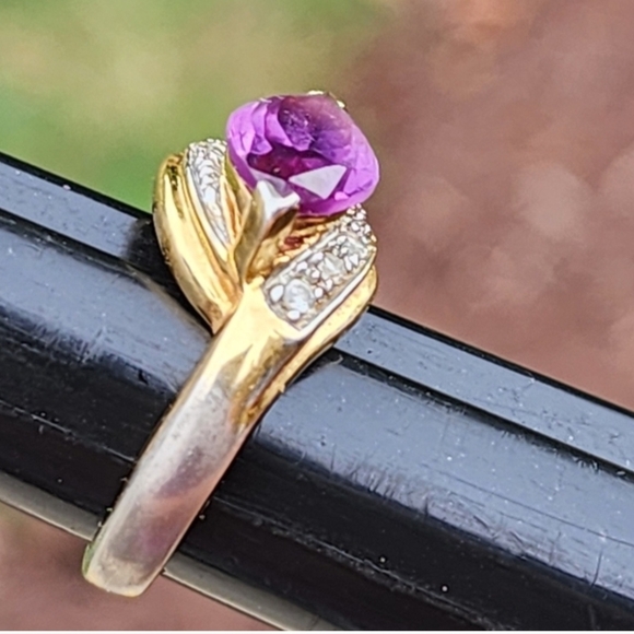 Sterling Silver Gold Vermeil Purple Stone and Diamond Accent Stones Sz 5 Pinky - Picture 5 of 8